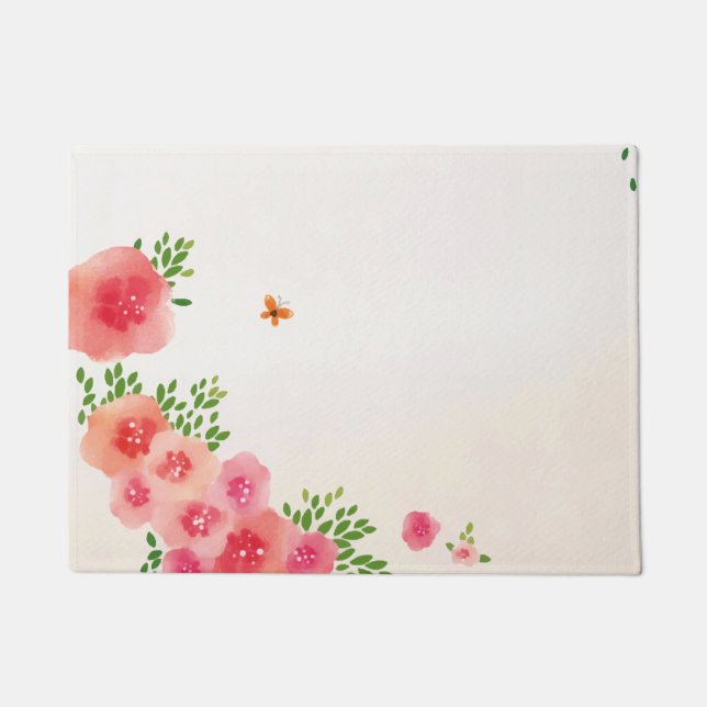 Paillasson Fleurs roses blanches soleil Papillon Aquarelle (Devant)