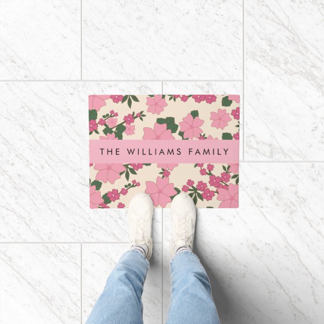 Paillasson Fleurs Roses, Motif De Fleurs, Votre Nom (Intérieur)