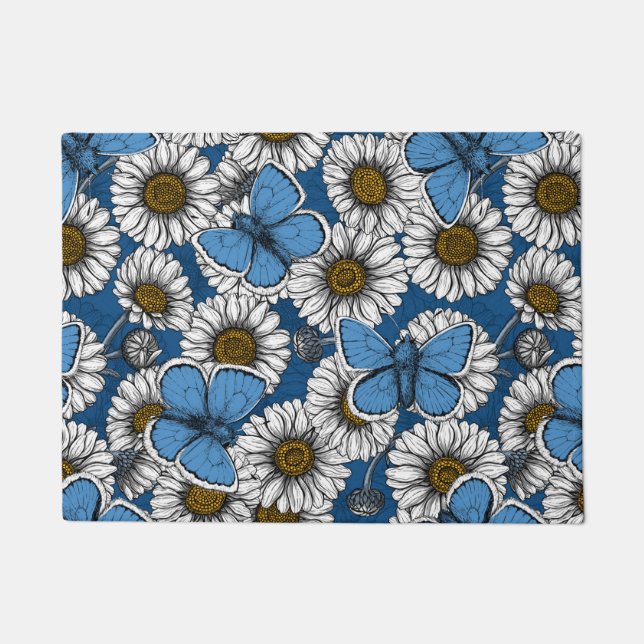 Paillasson Fleurs sauvages blanches et papillons bleus (Devant)