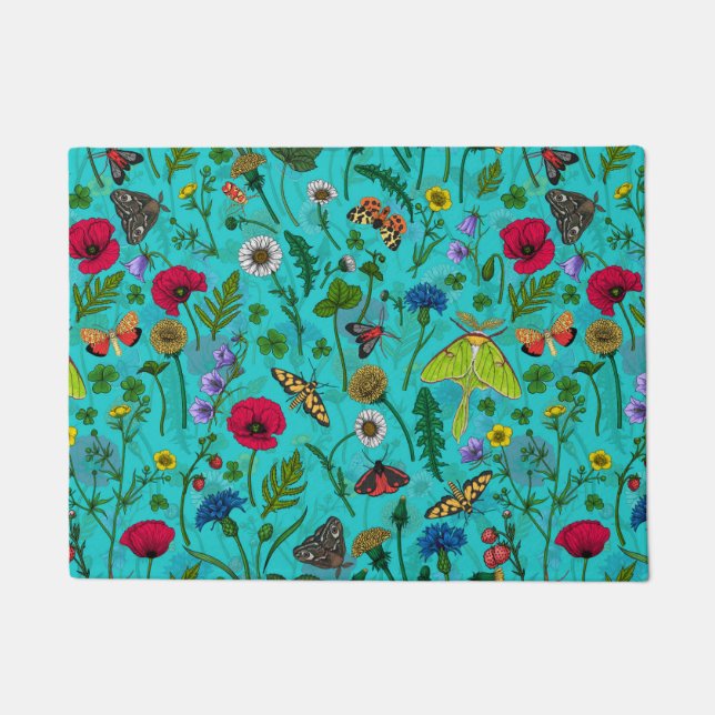 Paillasson Fleurs sauvages et papillons de nuit sur turquoise (Devant)