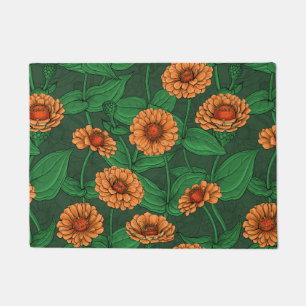 Paillasson Fleurs Zinnia orange, feuilles verts sur vert fonc