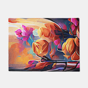 Paillasson Floral Abstract Art Orange Red Blue Flowers