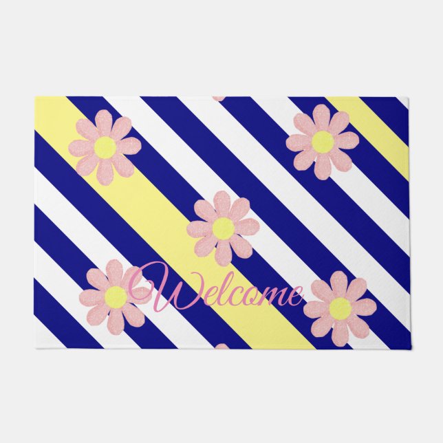 Paillasson Flore Bleu Bleu Fleurs Roses Porte Mat (Devant)