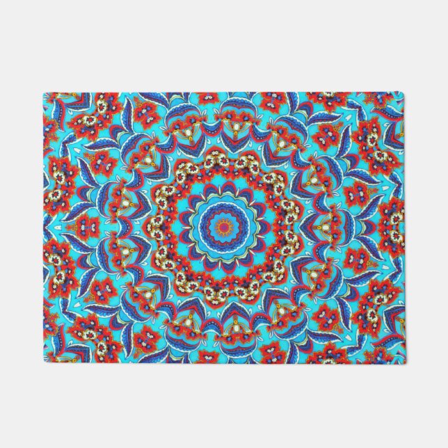 Paillasson Flore Turquoise bleu Mandala Boho (Devant)