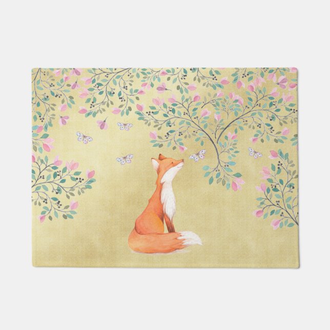 Paillasson Fox avec des papillons et des fleurs roses (Devant)