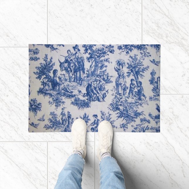 Paillasson Française toile de jouy bleu et blanc élégant (Intérieur)
