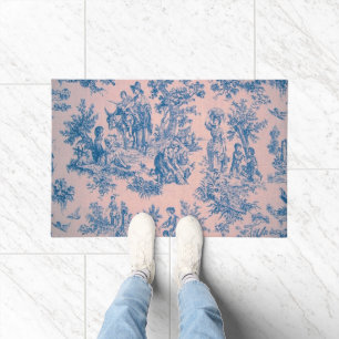 Paillasson French toile de jouy bleu et rose élégant