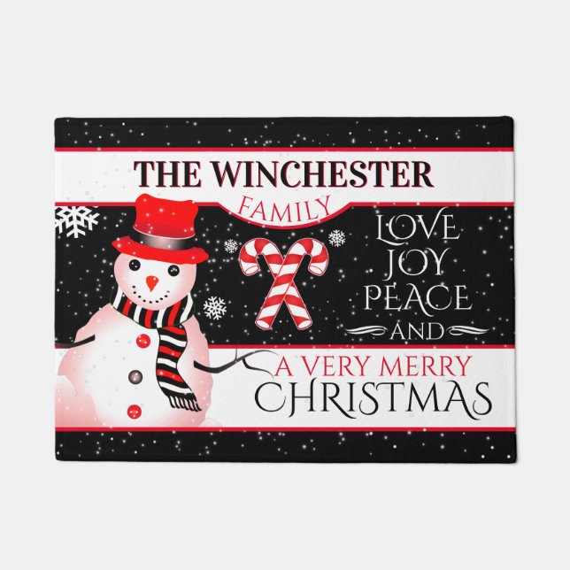 Paillasson FUN Snowman en Casquette rouge et écharpe | Noël N (Devant)