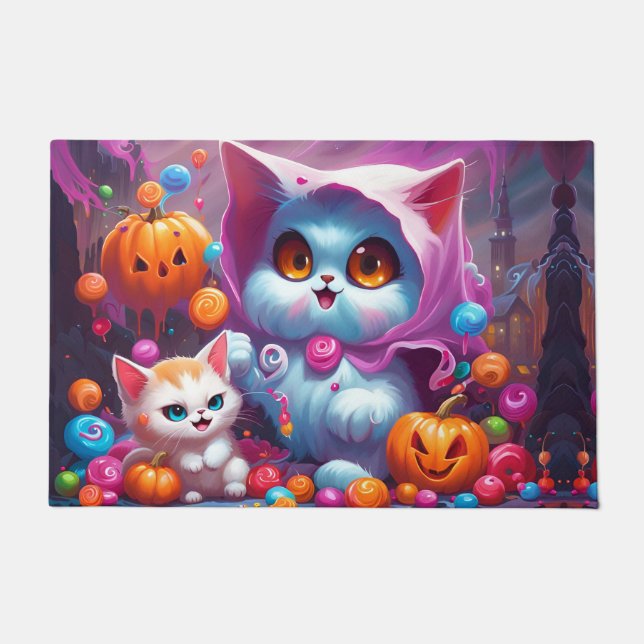 Paillasson Ghost Kitten Citrouille Bonbons Trick Ou Traite (Devant)