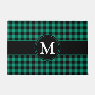 Paillasson Gingham à carreaux vert rustique Monogramme