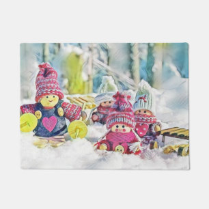 Paillasson Gnomes dans la neige aquarelle peinture vintage