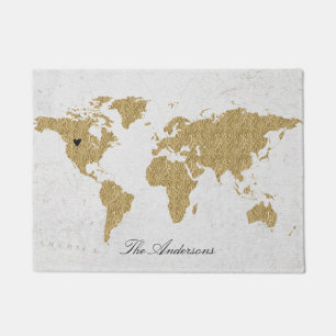 Paillasson Gold Foil World Map Custom Moveable Heart Location