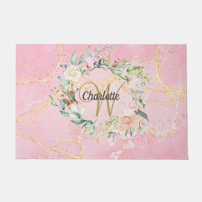 Paillasson Gold Script Monogramme rose Géode Agate Floral (Devant)