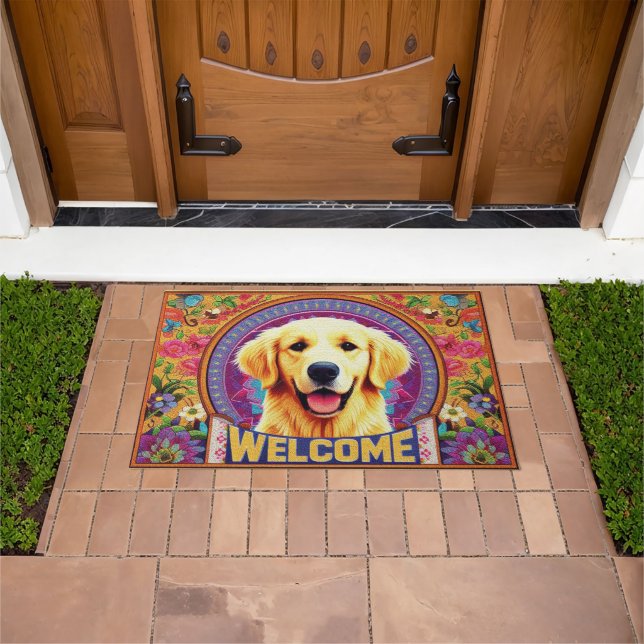 Paillasson Golden Retriever Chien Bienvenue Frontière Florale (De plein air)
