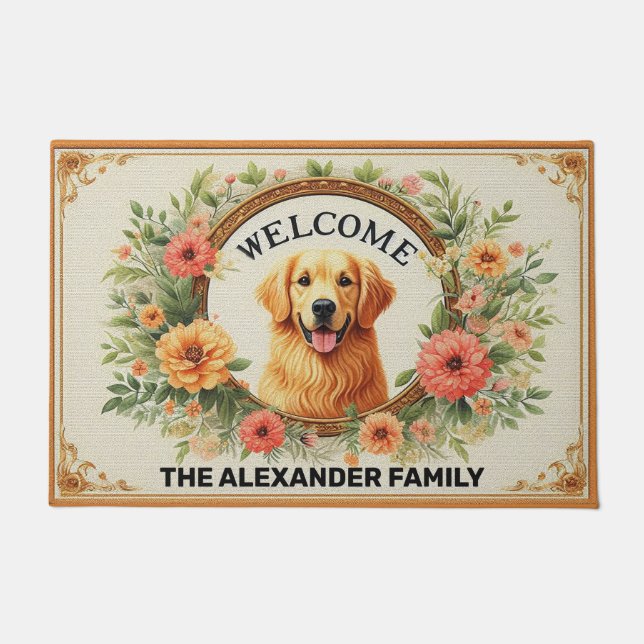 Paillasson Golden Retriever Dog Home Sweet, Floral Welcome (Devant)