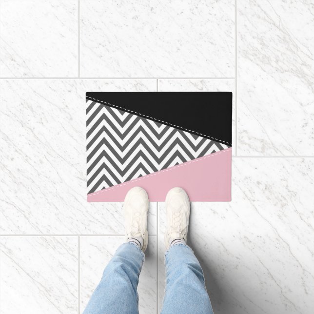 Paillasson Gris Zigzag, Gris Chevron, Motif Zigzag, Rose (Intérieur)