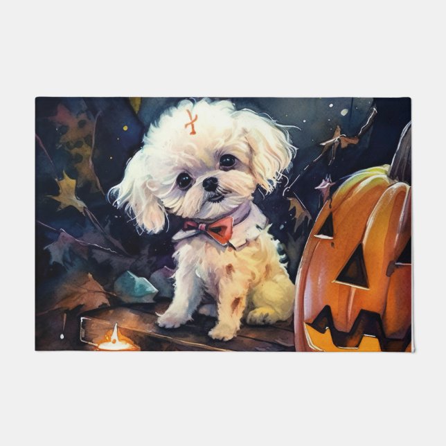 Paillasson Halloween Bichon Frise Avec La Peur Citrouille (Devant)