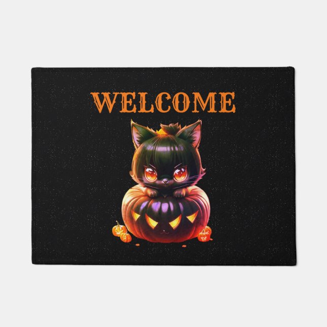 Paillasson Halloween Chat noir Citrouille nuit Horreur (Devant)