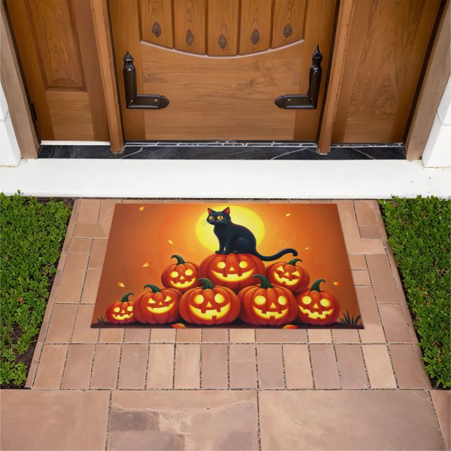 Paillasson Halloween chat noir mignon et lanternes Jack (De plein air)
