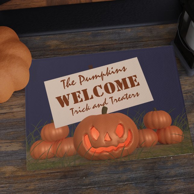 Paillasson Halloween Citrouille Trump ou Treat Welcome Doorma (Welcome your trick and treaters with this creepy pumpkin Halloween doormat!)