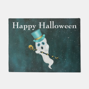 Paillasson Halloween heureux habillé Ghost Top Hat Cane