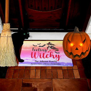 Paillasson Halloween Sentiment sorcière rose violet ciel
