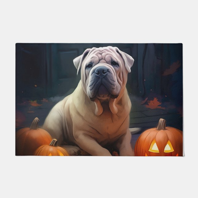 Paillasson Halloween Shar Pei Avec La Peur Citrouille (Devant)