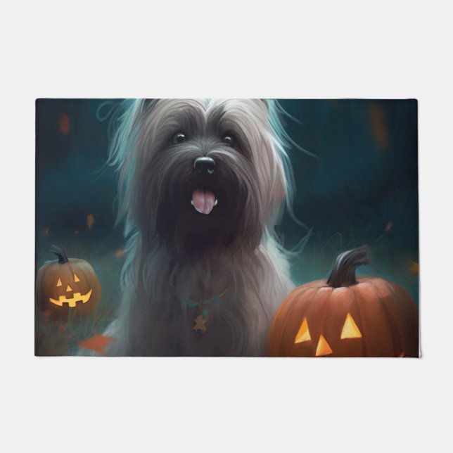 Paillasson Halloween Skye Terrier Avec La Peur Citrouille (Devant)