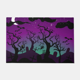 Paillasson Halloween violet et aqua hanté le cimetière