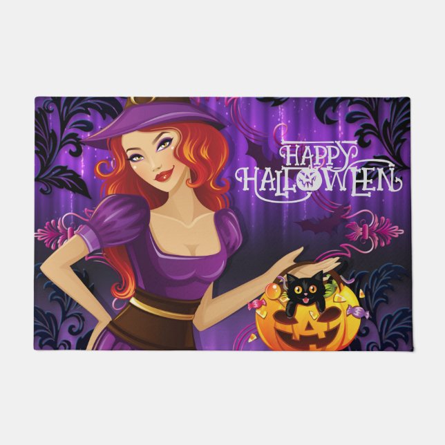 Paillasson Halloween Whimsical personnalisé sorcière mignonne (Devant)