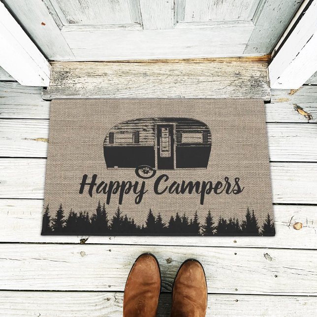 Paillasson Happy Campers Camping Vie Forêt Rustique Burlap (Créateur téléchargé)