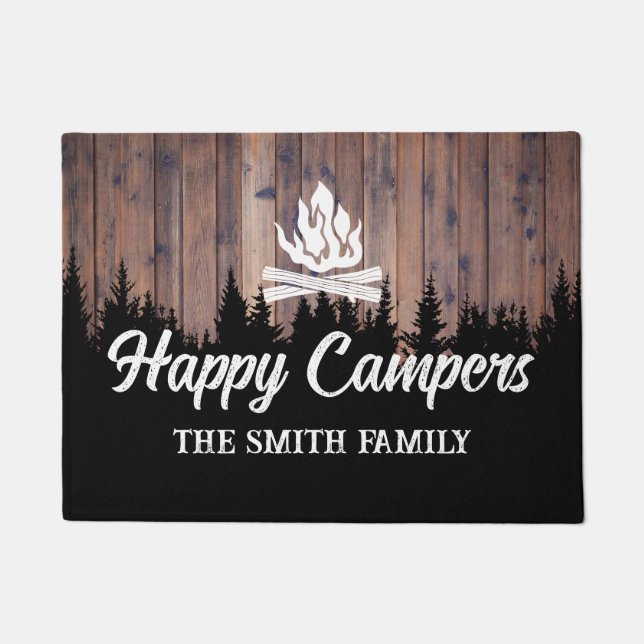 Paillasson Happy Campers Rustic Camping Fire Nom de famille (Devant)