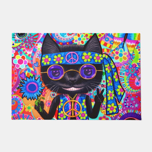 Paillasson Happy Hippie Chat Lunettes de soleil Paix Signale  (Devant)