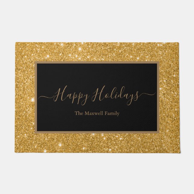 Paillasson Happy Holidays parties scintillant or noir nom de  (Devant)