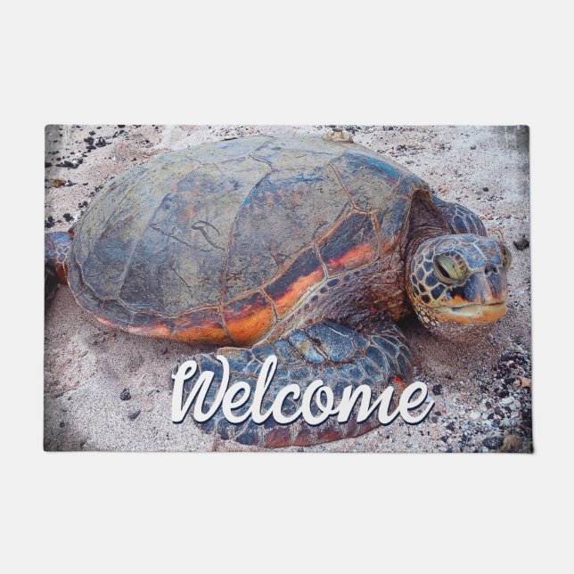 Paillasson Hawaii Honu Sea Turtle Photo Bienvenue Script Bold (Devant)