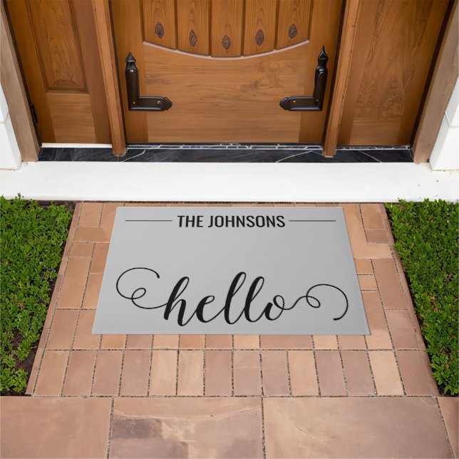 Paillasson HELLO Nom de famille personnalisé Welcome Mat Grey (De plein air)