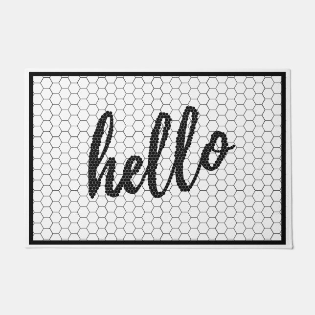 Paillasson Hello Script noir et blanc Trending Hex Tile (Devant)