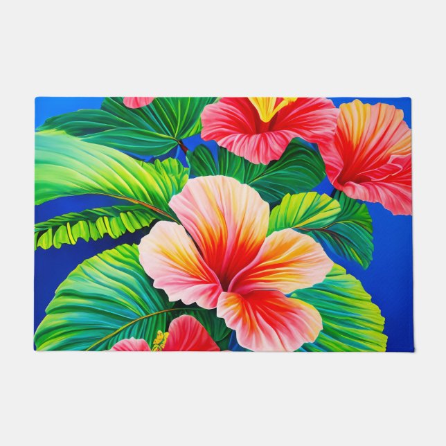 Paillasson hibiscus hawaïen fleurs rouges tropicales et vert (Devant)