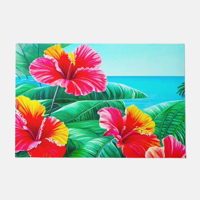 Paillasson Hibiscus hawaïen fleurs tropicales (Devant)