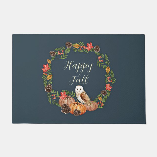 Paillasson Hibou d'automne et citrouilles avec texte personna (Devant)