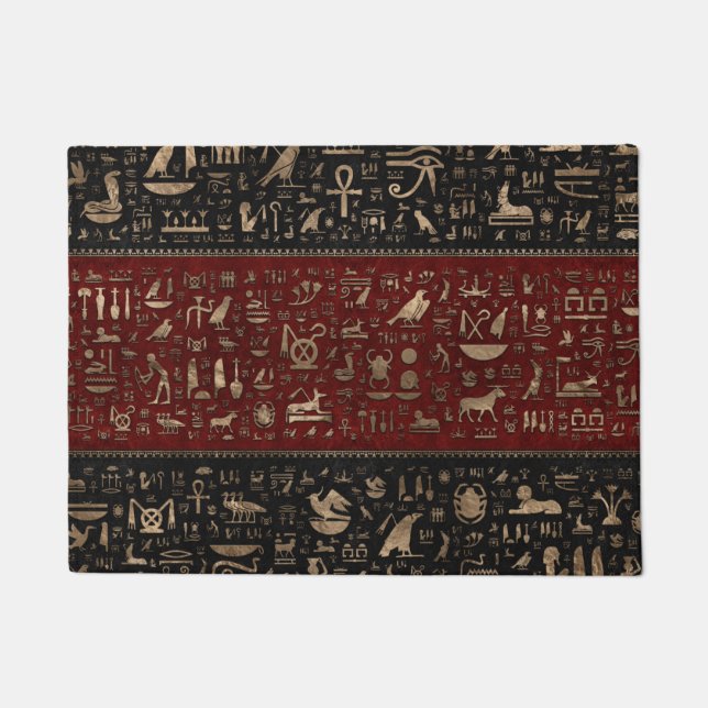 Paillasson Hiéroglyphes égyptiens antiques - cuir rouge noir (Devant)