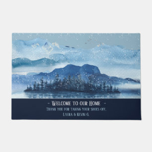 Paillasson Hiver par un nom personnalisé d'aquarelle Mountai