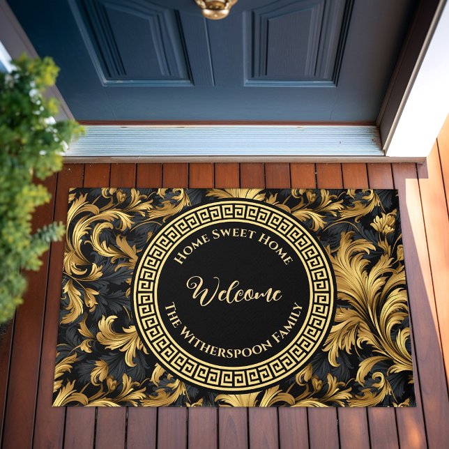 Paillasson Home Sweet Home Nom de famille Black Gold Classy (Home Sweet Home Family Name Black Gold Classy Doormat)