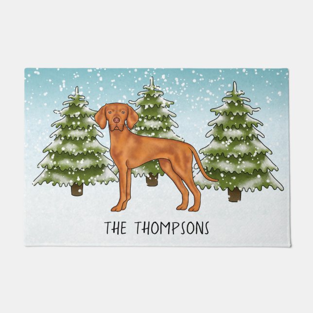 Paillasson Hongrois Vizsla Chien Snowy Forêt D'Hiver Et Nom (Devant)