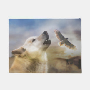 Paillasson Howling Wolf Redtail Hawk Native American Inspiré
