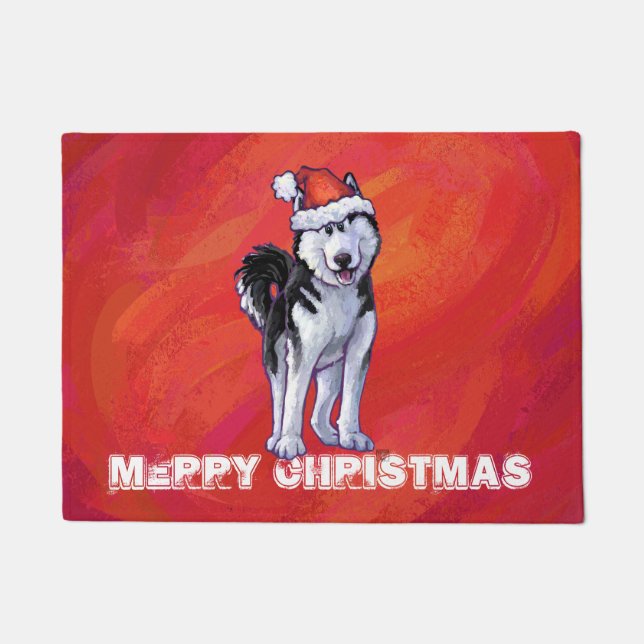 Paillasson Husky à Santa Hat Sur Rouge (Devant)