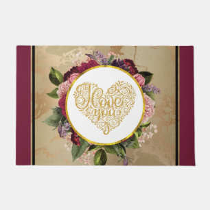 Paillasson I Love You Fancy Golden Heart with Floral Frame