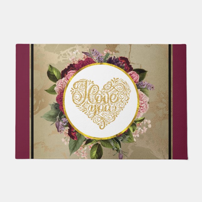 Paillasson I Love You Fancy Golden Heart with Floral Frame (Devant)