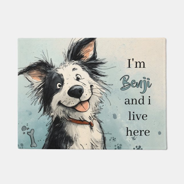 Paillasson Illustration de chien souriant mignon avec nom per (Devant)