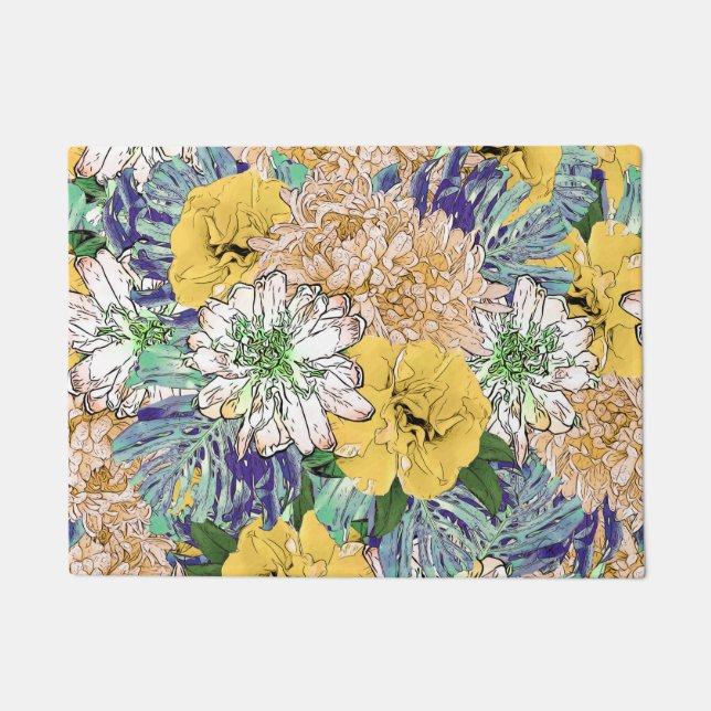 Paillasson Illustration florale à la mode jaune et verte (Devant)